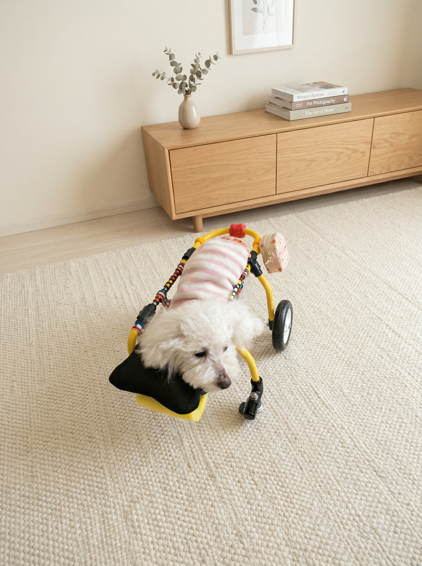 カラフルカートに乗って散歩する犬2