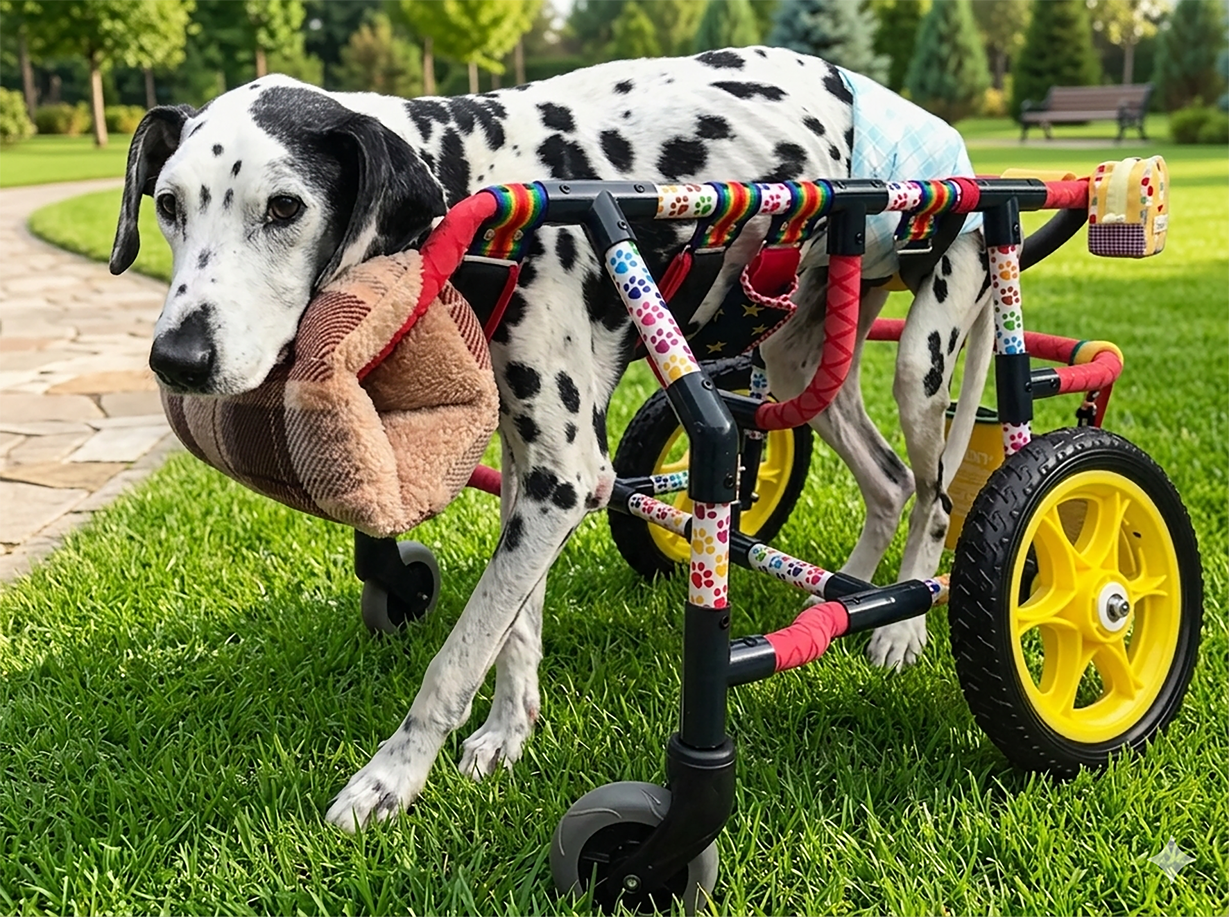カラフルカートに乗って散歩する犬1